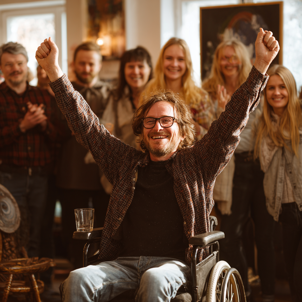 a man in a wheelchair raising his hands in joy